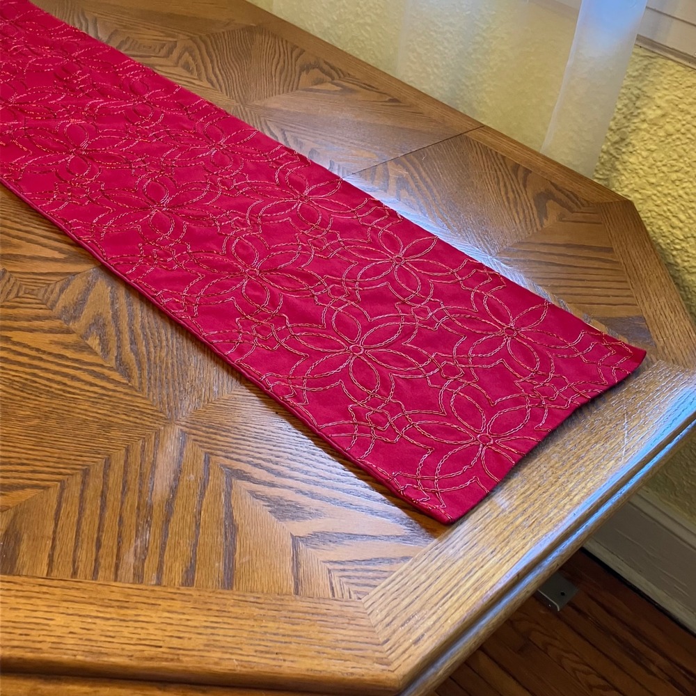 Red Embroidered Floral Beaded Table Runner Elegant Classic Traditional Decor